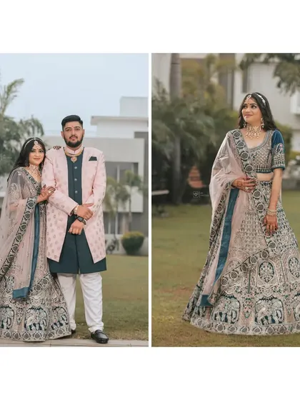 A beautiful portrait of a couple in their engagement attire, alongside a solo shot of the bride showcasing her intricately designed lehenga.