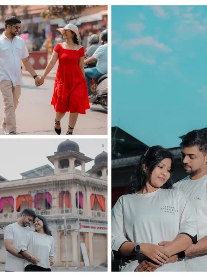 A collage showing a couple's day in Jaipur, from a casual walk down the street to more intimate moments against the city's architectural backdrop.