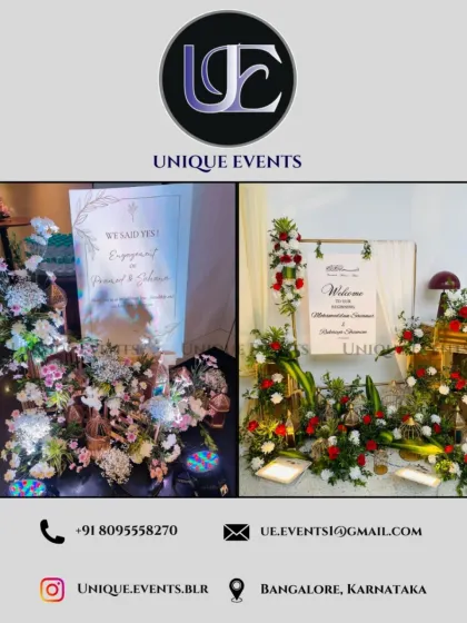 We offer a variety of styles for welcome and event signage. This image shows two different designs, one for an engagement and one for a wedding, showcasing our ability to customize details for each specific function.