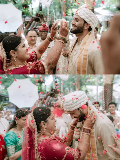 A collage of the 'Talambralu' ceremony, capturing the fun and blessings as the couple showers each other with rice.