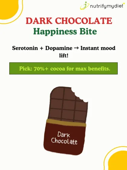 A piece of dark chocolate can be a happiness bite. It helps your brain release serotonin and dopamine, giving you an instant mood lift. I recommend choosing 70% cocoa or higher.