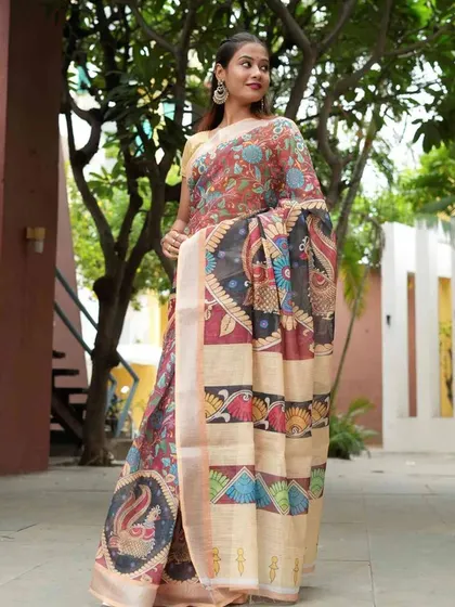 The artistic beauty of Kalamkari is now available in my 1-Minute Saree collection. This piece features traditional block prints on a lightweight fabric, making it easy to wear for any occasion.