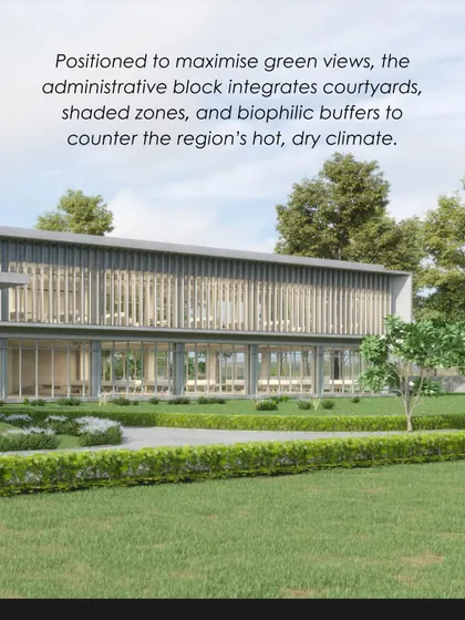 The administrative block at JSW Kalmeshwar is positioned to maximize green views and integrate biophilic buffers. This approach helps to counter the region's hot, dry climate and create a comfortable workspace.
