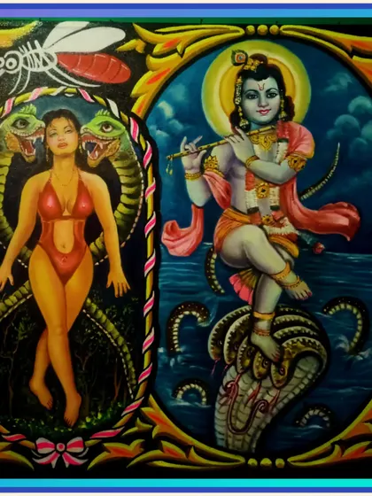 A painting for a tattoo temple, featuring a depiction of Lord Krishna dancing on the serpent Kaliya, alongside other imagery.