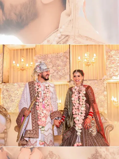 A collage showing the couple's happy moments on stage, holding hands and smiling. These images capture the joy and celebration of the wedding day.