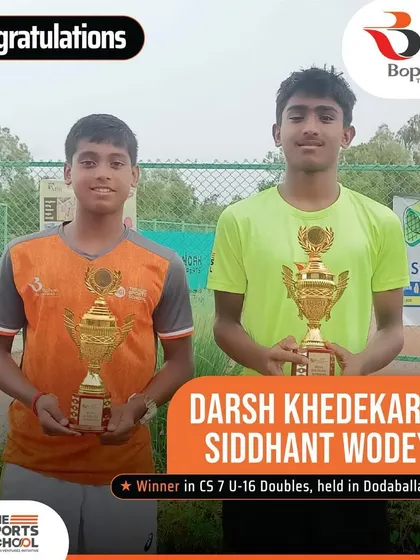 Congratulations to our winning duo, Darsh Khedekar and Siddhant Wodeyar, for clinching the doubles title at the CS 7 U-16 tournament in Dodaballapur. A fantastic display of teamwork!