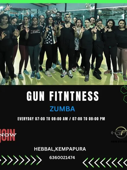 Join our Zumba classes every morning or evening. This graphic shows a happy group of members after a rewarding session and gives you the schedule for our classes in Hebbal, Kempapura.