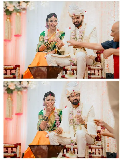 A collage of candid moments from the engagement ceremony, capturing the fun and games that are part of the celebration.