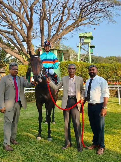 Siege Courageous, with jockey Vivek.G, after winning the sprinters' trial stakes.