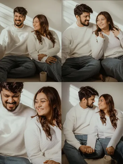 A four-panel grid showing a series of interactions from their at-home shoot. This format is great for showcasing the range of emotions and candid moments from a single session.