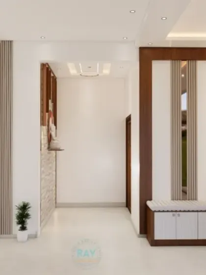 A render of a hallway with a window-side seating nook that has built-in storage drawers underneath.