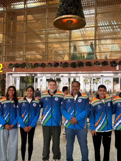 Team India, including our swimmers Meenakshi and Dhrupad, ready for the World Open Water 5k Championship in Singapore.
