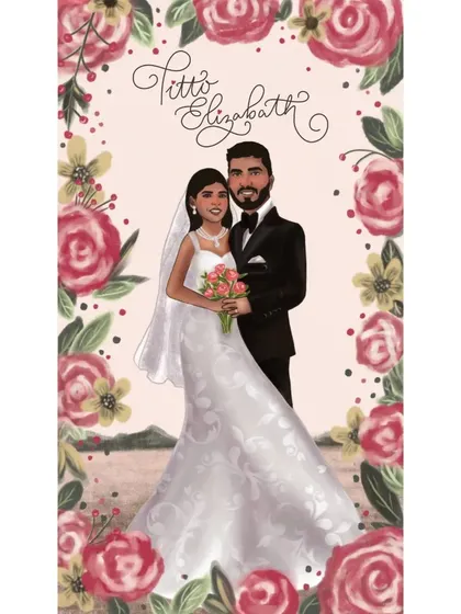 This custom digital portrait was created for a dear friend's wedding. I offer different variations, including simple portraits and versions with beautiful floral borders.