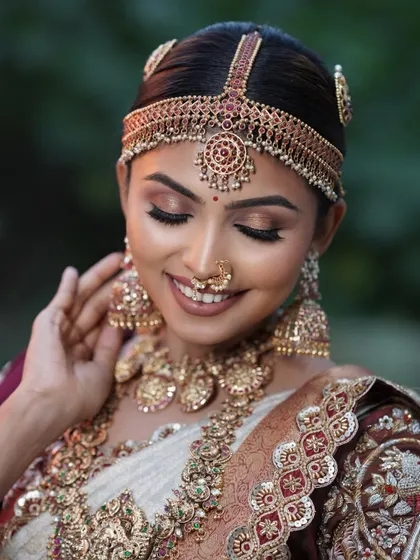 A close-up portrait focusing on the intricate eye makeup and the radiant smile of the bride. This is a perfect example of my signature soft glam bridal look.