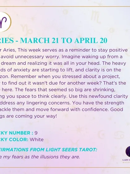 This week's tarot reading for Aries. This week serves as a reminder to stay positive and avoid unnecessary worry. Good things are coming your way.