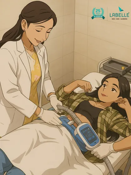 This beautiful illustration captures the essence of our care. It depicts a client comfortably undergoing a Cryolipolysis treatment with one of our expert dermatologists.