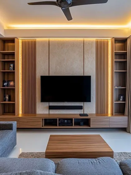This entertainment center is designed for both style and storage. The wooden TV unit features a textured back panel, vertical slats, and open shelving, all illuminated by warm LED strip lights.