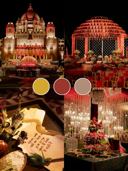 A royal Rajasthani wedding theme comes alive with a palette of gold, maroon, and muted earth tones. This mood board shows how I combine palace architecture, grand mandaps, and intricate details for a regal affair.