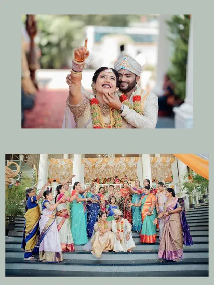 A collage of fun and happy moments with the couple and their family, showcasing the joy and togetherness of the wedding day.