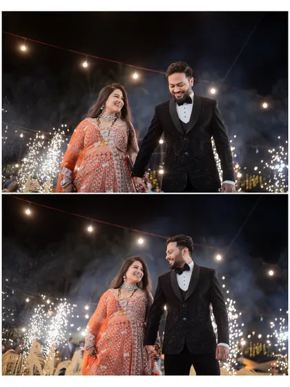A collage showing the couple's happy expressions as they walk through a shower of sparklers at their reception.