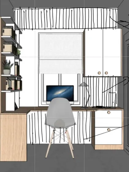 My initial sketch for the L-shaped study nook, showing how I visualize the space during my first site visit.