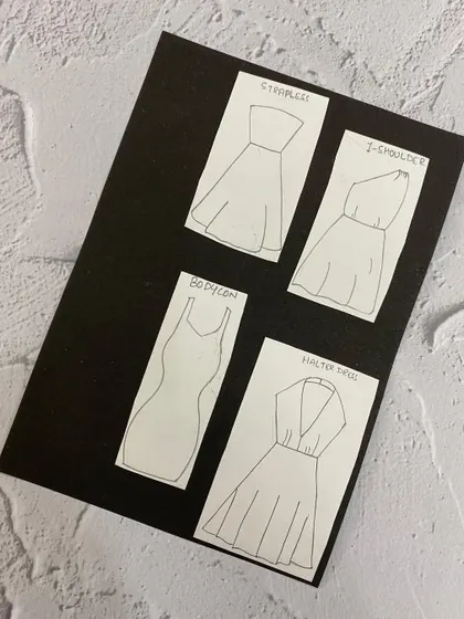 A collection of flat sketches for different dress silhouettes, including bodycon and halter-neck styles.