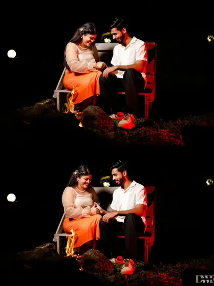 A collage of a cozy bonfire scene. The warm glow of the fire and the twinkling lights in the background create a magical and intimate setting for a romantic night shoot.