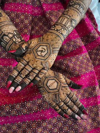 Personalizing your mehendi can be as simple and elegant as including your partner's name or initials. Here, the name "Ritesh" is beautifully integrated into a geometric pattern on the back of the hand.