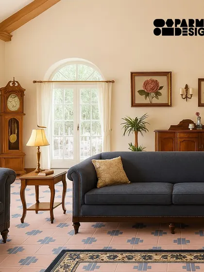 Old soul, new style. Our 'IndiePop' handmade cement tiles bring heritage patterns and pop colors together. This pink and blue design adds a touch of vintage charm to a classic living room.