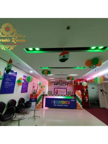 Another shot of the Artech reception, showing how the green overhead lighting was used to complement the green in the tricolor balloon decorations, enhancing the overall theme.