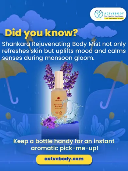 Did you know Shankara Body Mist not only refreshes skin but also uplifts your mood during monsoon gloom? This image, with its lavender and rain graphics, suggests keeping a bottle handy for an instant aromatic pick-me-up.