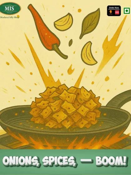 Onions, spices, boom! This graphic depicts the explosive flavor created when we make our Kothu Parotta, stir-frying the ingredients on a hot pan.