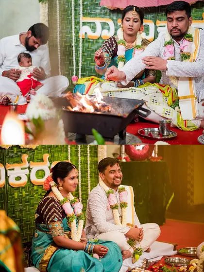 Parents performing rituals during their child's naming ceremony, with a focus on the sacred fire (homa). We capture the spiritual significance of the day.