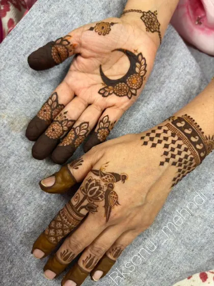 An elegant and modern design for Eid celebrations. It features a crescent moon motif combined with delicate floral patterns and geometric checkerboard designs on the back of the hands.