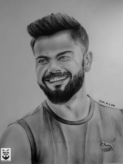A charcoal portrait of cricketer Virat Kohli. I wanted to capture his happy and relaxed expression, focusing on the realistic smile and the texture of his beard.