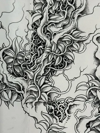 A close-up of the tangled vine drawing, showing the detail in the shading of the leaves and the texture of the branches.