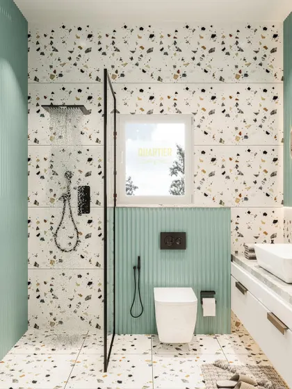 A 3D render of a modern kids' bathroom featuring Terrazzo tiles and pastel green fluted tiles. The design is playful yet sophisticated, creating a stylish and fun space for the little ones.