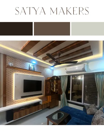 A living room design concept with wooden ceiling beams and a blue sofa.