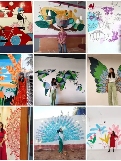 A collage of some of my favorite mural projects, including a geometric world map, tropical leaves, and abstract designs. This shows the wide range of styles you can create with the skills you'll learn.