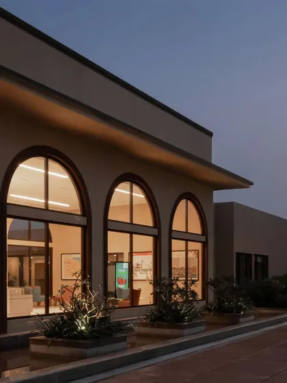 As evening falls, the arches of the Brigade Valencia office are illuminated from within, creating a warm and elegant exterior. The design ensures the building is just as impactful after sunset.