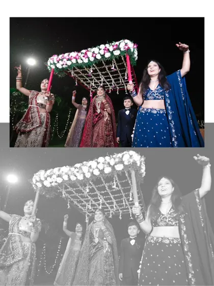 The bride's grand entrance under the 'phoolon ki chadar', a beautiful and emotional North Indian wedding tradition, captured in both color and black and white.