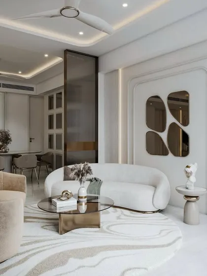 This 3D view showcases the fluted wall panels and custom-shaped mirrors that add a unique architectural element to this modern luxury living room.