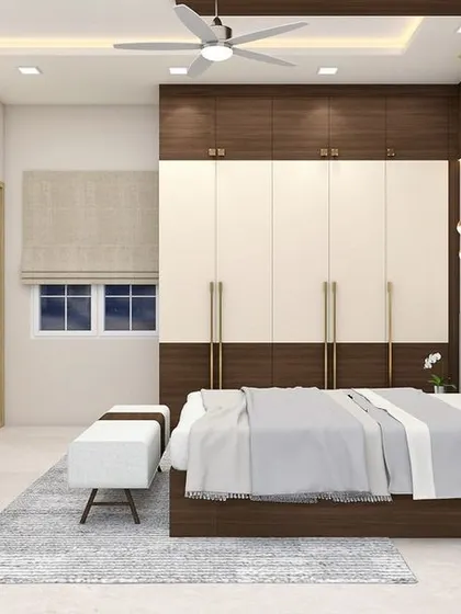 A perspective showing the full scope of the bedroom design. The consistent use of wood tones, white marble textures, and strategic lighting ties the entire room together into a cohesive and elegant space.