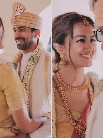The look of love. A two-part collage capturing the groom's smile and the bride's happy gaze.