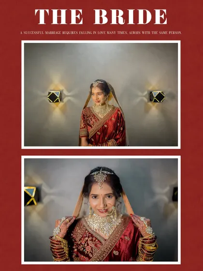 A diptych of the bride Nikita in her rich red saree, capturing both a poised and a playful moment.