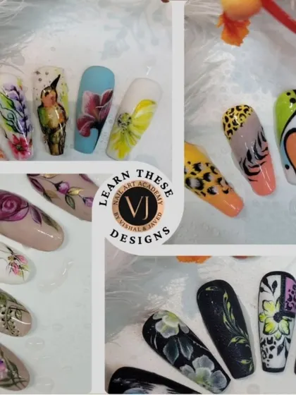 This collage displays the vast range of hand-painted designs you can learn and request at our academy, from florals and animal prints to abstract patterns.