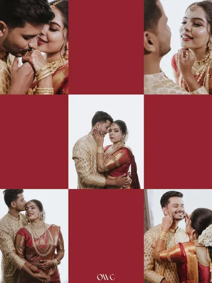 A creative red-themed collage of a couple's romantic and intimate wedding portraits.