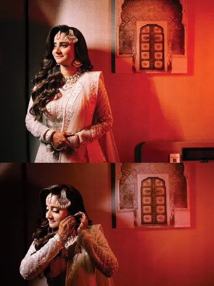 A collage showing the bride getting ready. These shots capture the final touches, like putting on her earrings, that complete her stunning bridal look.