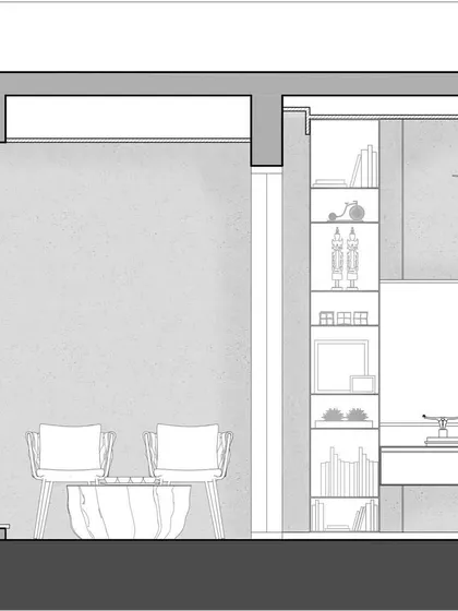 A sectional elevation exploring the design of a media wall and adjacent seating area. These drawings allow us to refine proportions and ensure functional and aesthetic balance in our interior architecture.