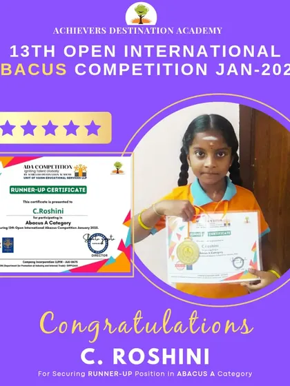 We celebrate C. Roshini for securing a runner-up position in the Abacus A-Category. Her hard work and dedication are commendable.